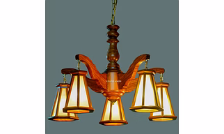 DING DONG 5 LIGHT WOODEN HANDICRAFTED TEAKWOOD CHANDELIER