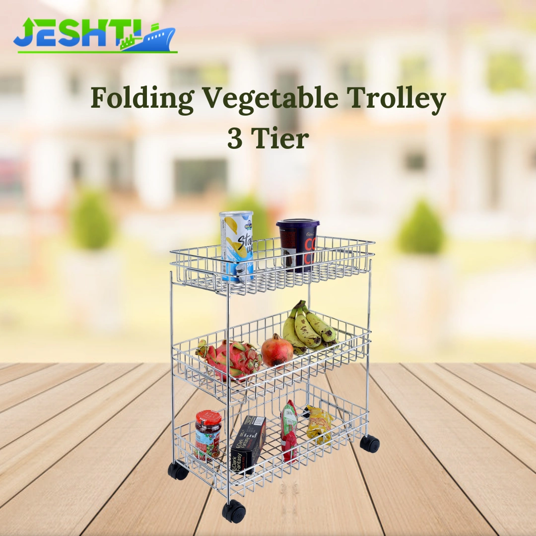 Folding Veg Trolley 3 Tier-Silver-3 Tier-Stainlesssteel-1