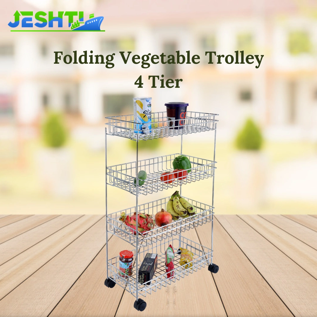 Folding Veg Trolley 4 Tier-Silver-4 Tier-Stainlesssteel-1