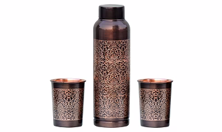 Pure Copper Etching Pattern Water Bottle with Tumblers 1L