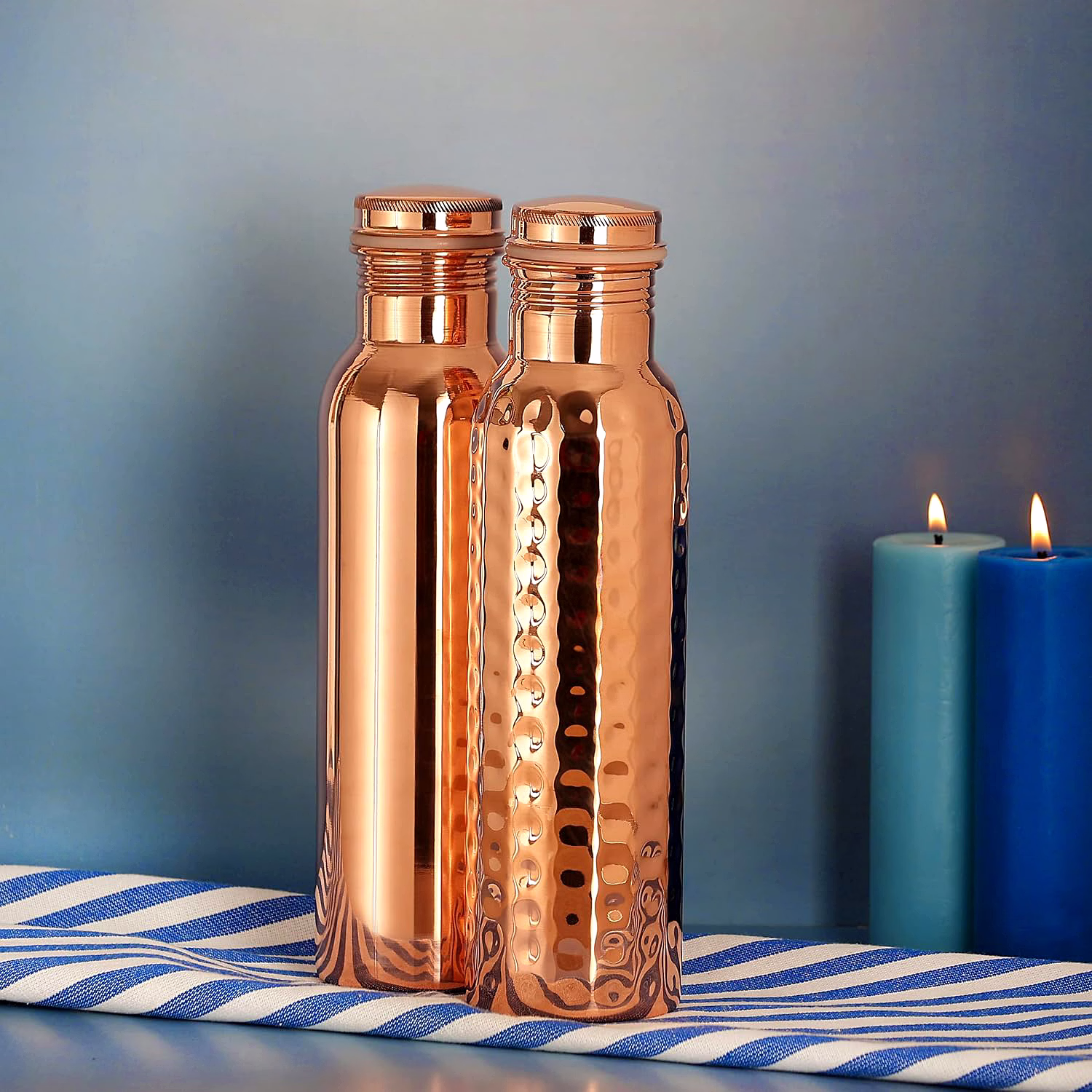 Set of 2 Pure Copper Water Bottles - 600ml (Plain & Hammered) image 3