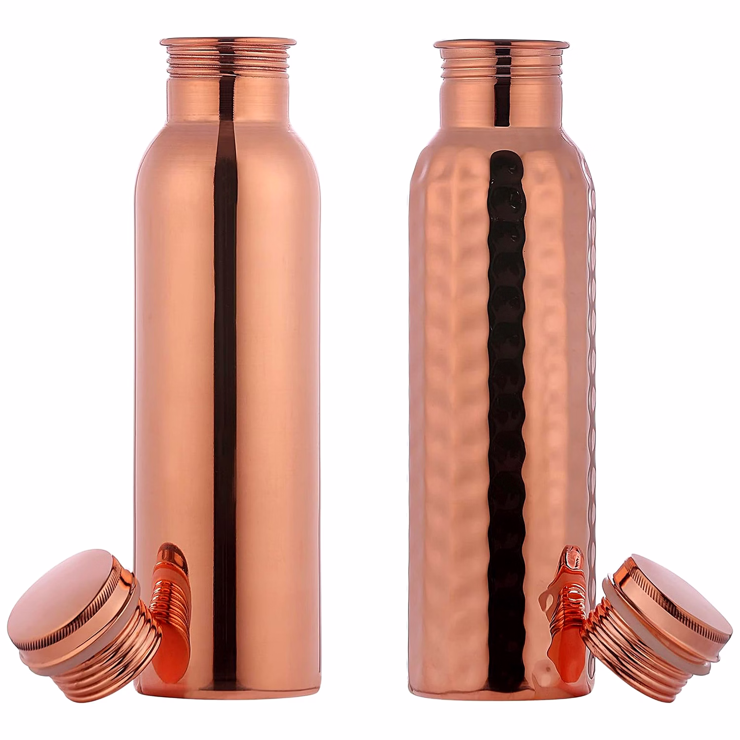 Set of 2 Pure Copper Water Bottles - 600ml (Plain & Hammered) image 2
