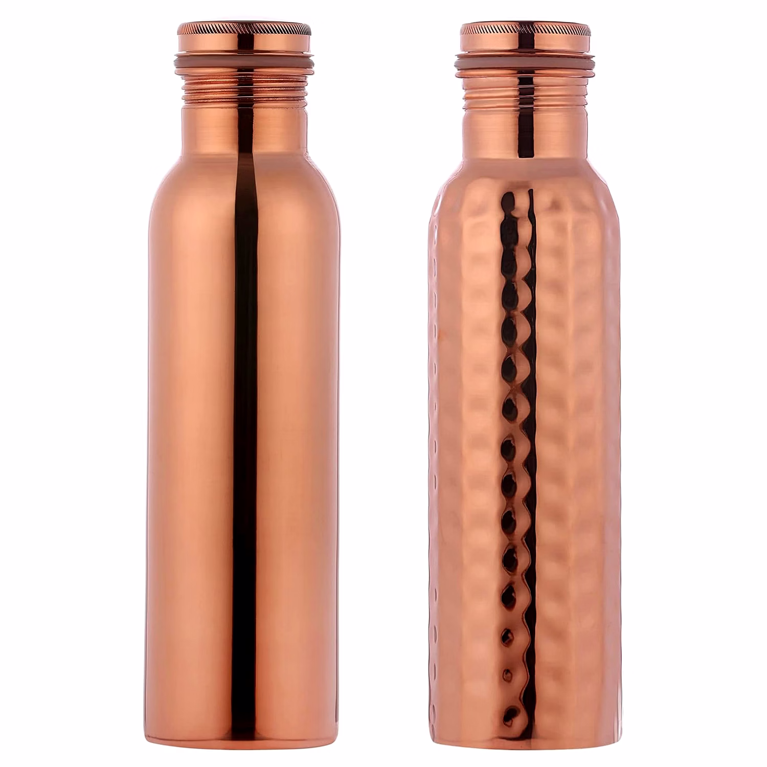 set of 2 pure copper water bottles - 600ml (plain & hammered)