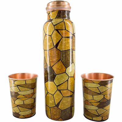 pure copper gift set water bottle with two tumblers brown finish