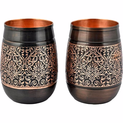 pure copper tumbler set of 2 - floral pattern | 250 ml barrel design