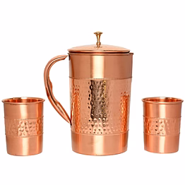 pure copper jug set with 2 tumblers - hammered and plain finish, straight glass shape