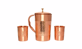 Pure Copper Jug Set with 2 Tumblers - Hammered and Plain Finish, Straight Glass Shape