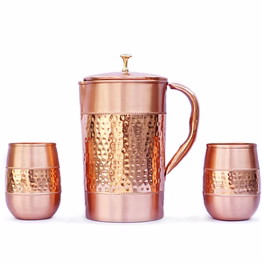 pure copper jug set with 2 tumblers - hammered and plain finish, barrel glass style