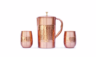Pure Copper Jug Set with 2 Tumblers - Hammered and Plain Finish, Barrel Glass Style