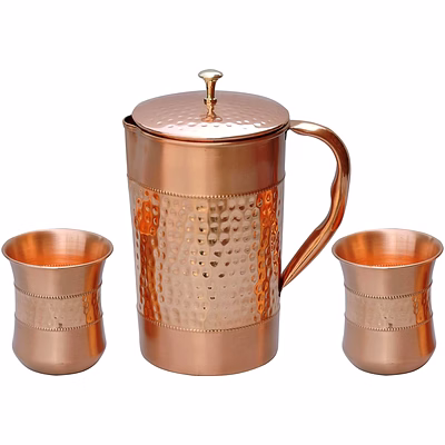 premium pure copper water jug set - includes 2 tumblers, curved shape