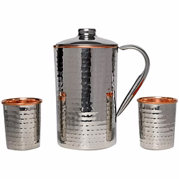 premium stainless steel and copper pitcher set - 2 matching hammered tumblers