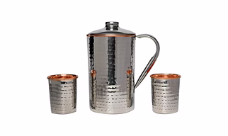 Premium Stainless Steel and Copper Pitcher Set - 2 Matching Hammered Tumblers