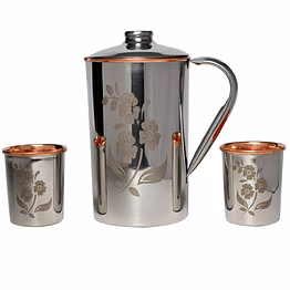 premium stainless steel and copper pitcher set - 2 floral pattern tumblers