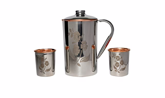 Premium Stainless Steel and Copper Pitcher Set - 2 Floral Pattern Tumblers