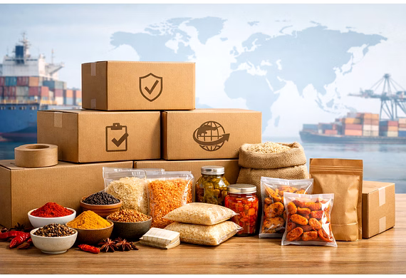 Export-ready food products from India prepared for international shipping and import.