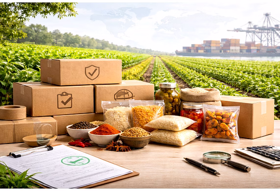 Quality assurance process for export-ready food products from India.