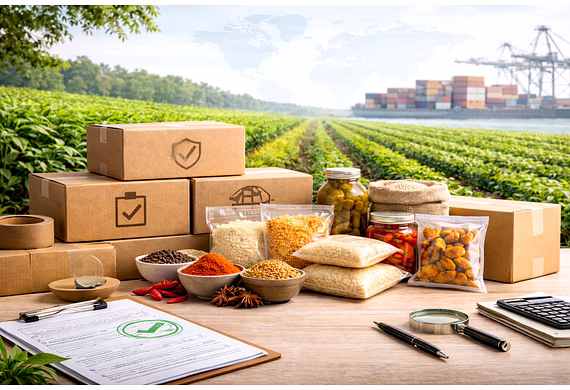 Food safety practices applied to export-ready food products for global trade.