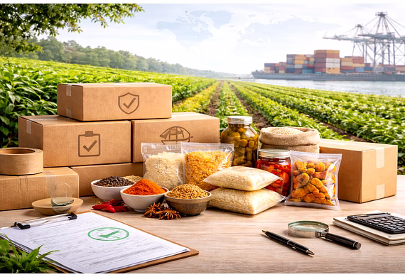 Export-ready food products and logistics representing a reliable global food export partner.