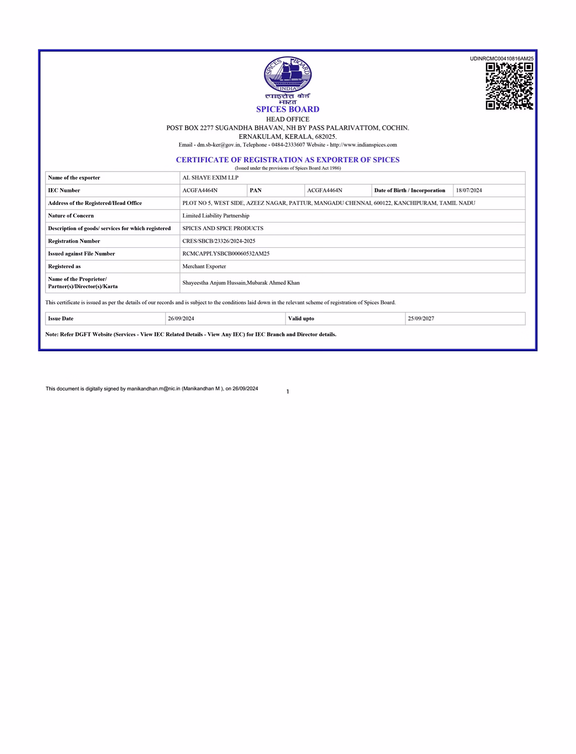 Spice Board Certificate