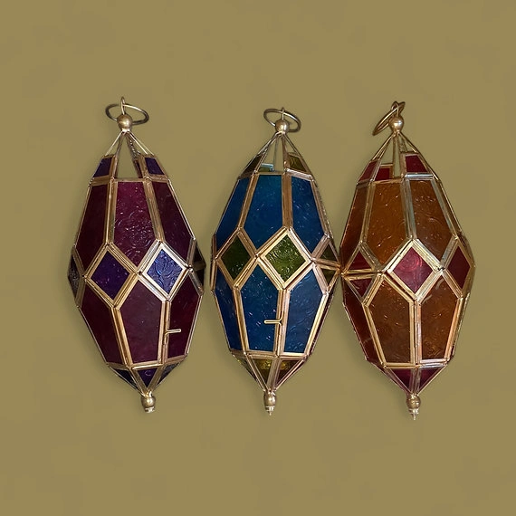 Multicolor Glass and Brass Edge Hanging Moroccan Lamps Set of 3-PND01