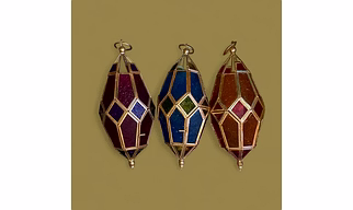 Multicolor Glass and Brass Edge Hanging Moroccan Lamps Set of 3