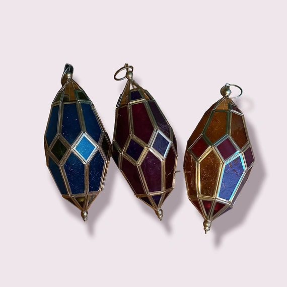 Multicolor Glass and Brass Edge Hanging Moroccan Lamps Set of 3-2