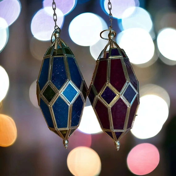 Multicolor Glass and Brass Edge Hanging Moroccan Lamps Set of 3-3