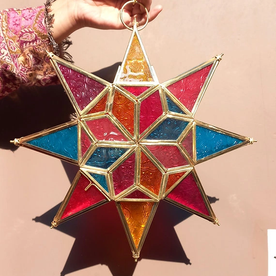 Multicolor Glass 8 Point Star Hanging Lantern with Brass Detailing-STR8P01