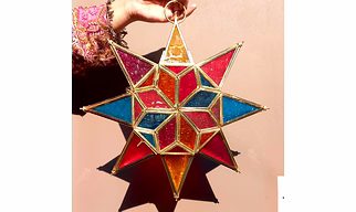 Multicolor Glass 8 Point Star Hanging Lantern with Brass Detailing