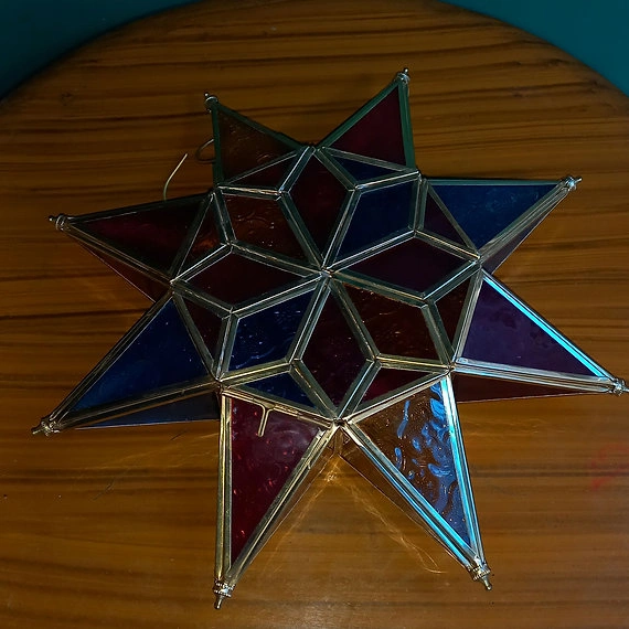 Multicolor Glass 8 Point Star Hanging Lantern with Brass Detailing-1