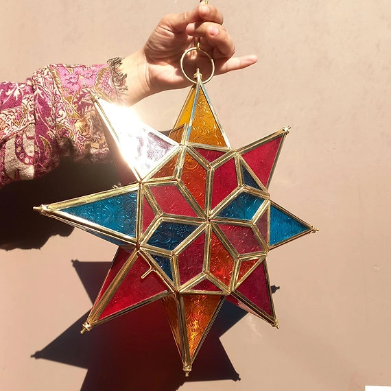 Multicolor Glass 8 Point Star Hanging Lantern with Brass Detailing-3