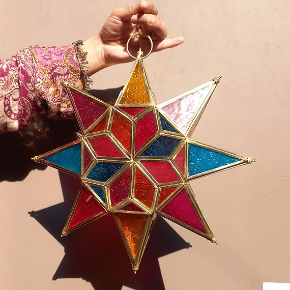 Multicolor Glass 8 Point Star Hanging Lantern with Brass Detailing-4