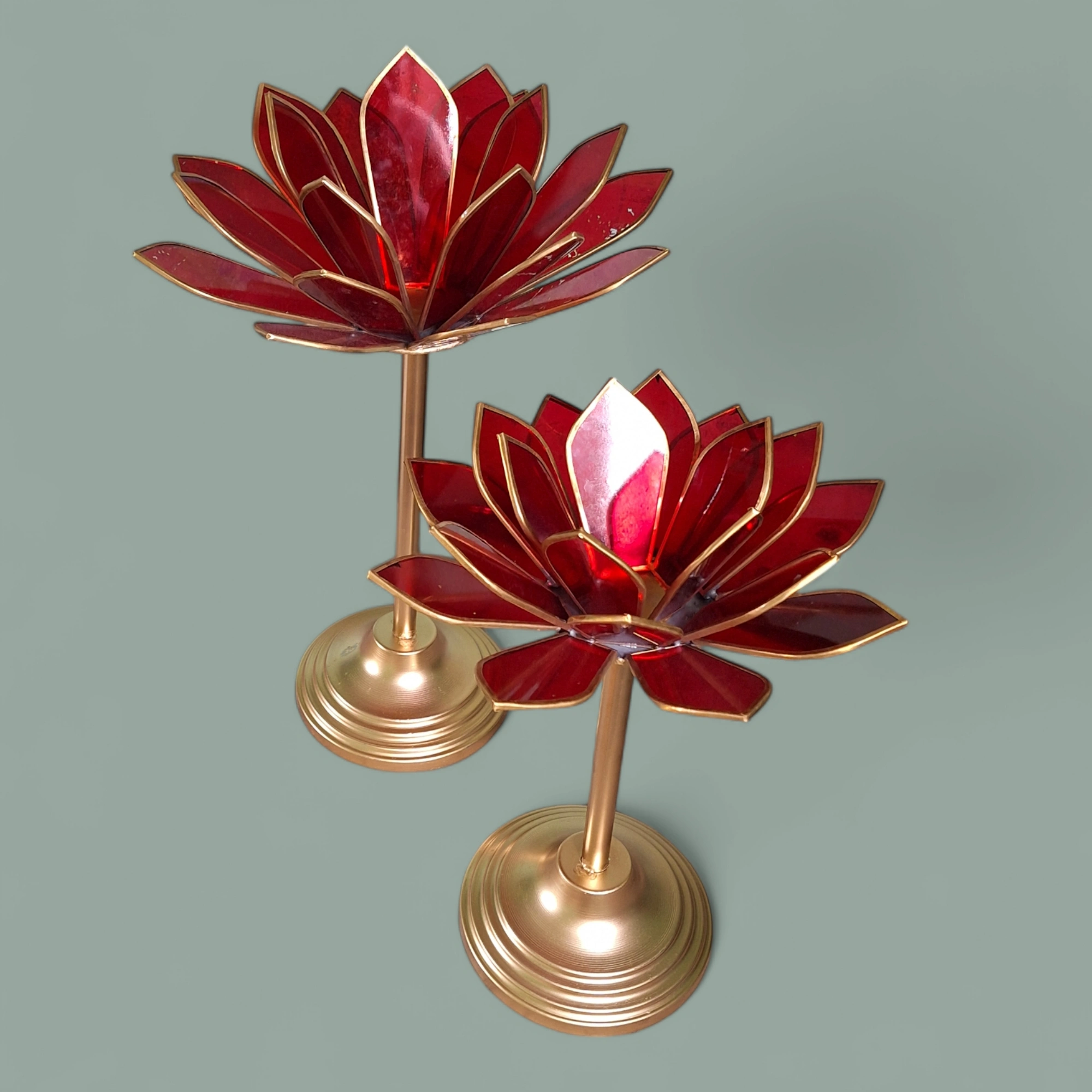 Red Glass Lotus Candle Holder with Metal Stand, Set of 2-HLD688