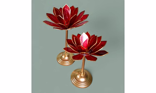 Red Glass Lotus Candle Holder with Metal Stand, Set of 2