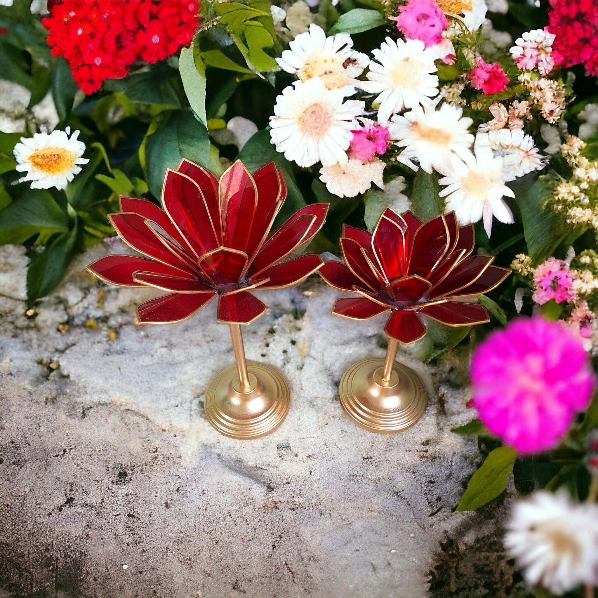 Red Glass Lotus Candle Holder with Metal Stand, Set of 2-1