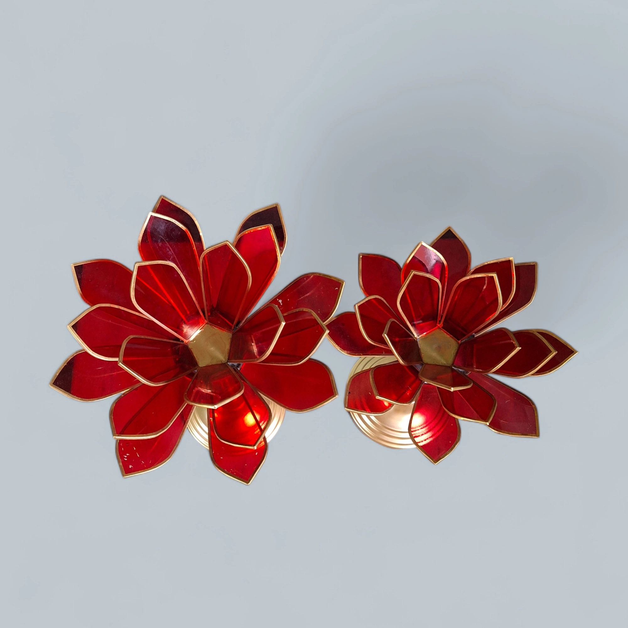 Red Glass Lotus Candle Holder with Metal Stand, Set of 2-2