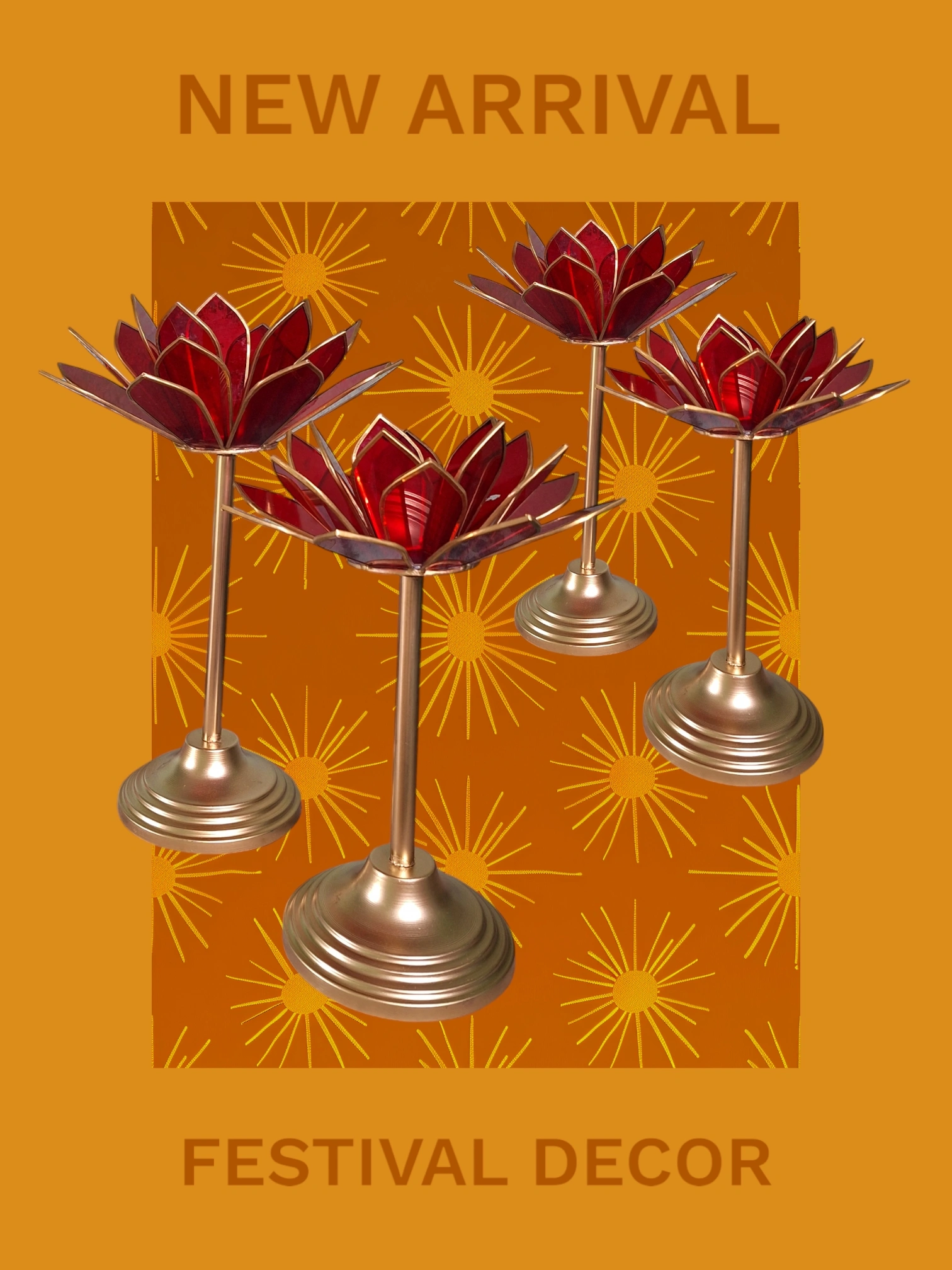 Red Glass Lotus Candle Holder with Metal Stand, Set of 2-3