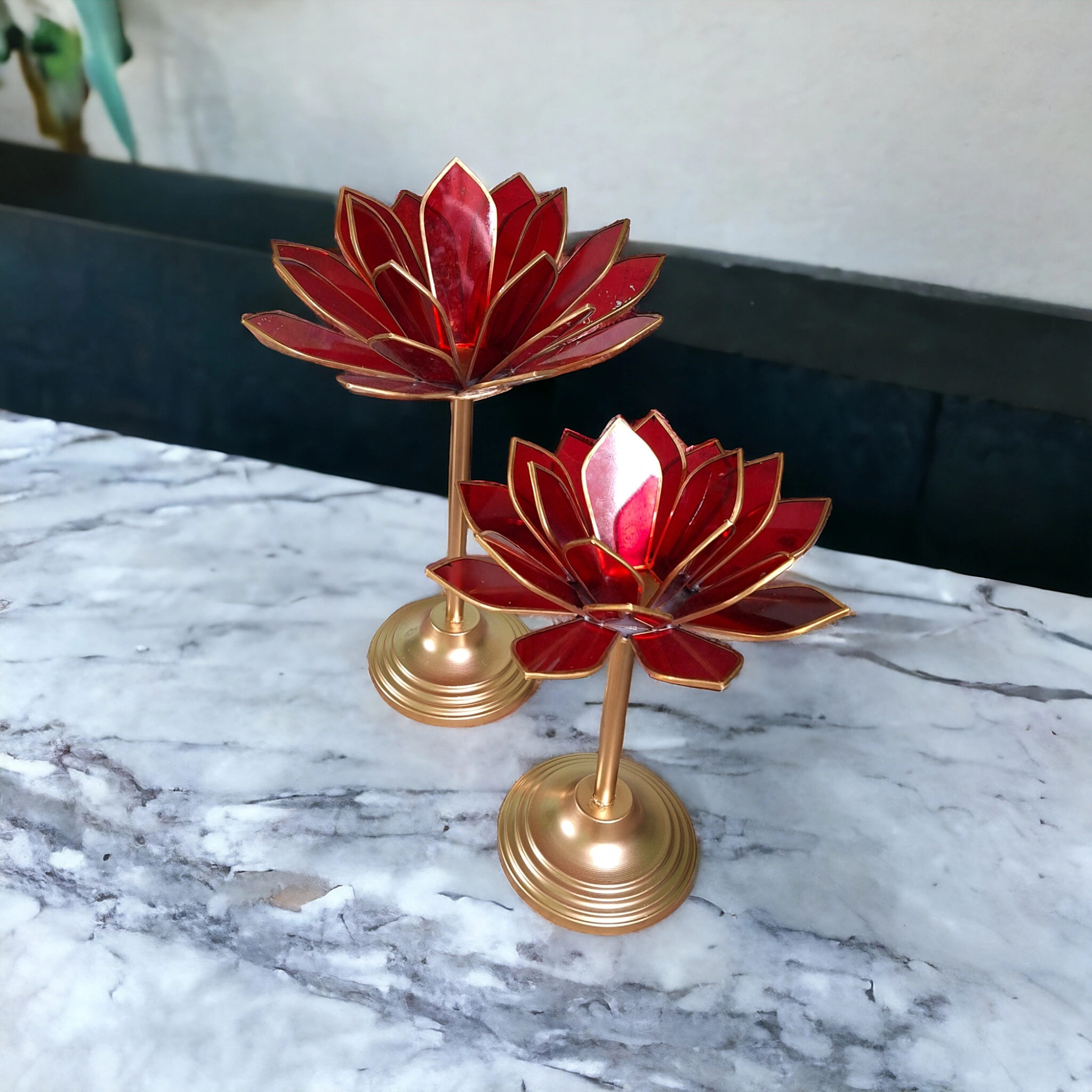 Red Glass Lotus Candle Holder with Metal Stand, Set of 2-4