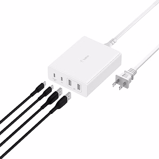belkin 108w gan usb charging station for multiple devices, 2 usb type c and 2 usb a fast desktop charger dock hub for macbook, pro, air, iphone 13, 12, pro, max, mini, ipad pro, air, galaxy and more