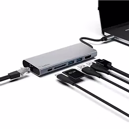 belkin usb c 6 in 1 hub adapter with 60w power delivery, 5 gbps transfer speed, ethernet port, 4k hdmi, usb c, sd card and 2 usb a 3.0 & 2.0 data ports, for macbook/ipad and more gray