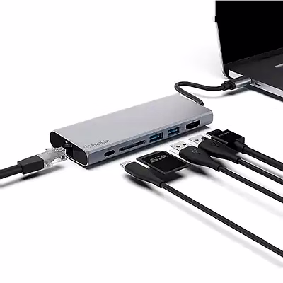 belkin usb c 6 in 1 hub adapter with 60w power delivery, 5 gbps transfer speed, ethernet port, 4k hdmi, usb c, sd card and 2 usb a 3.0 & 2.0 data ports, for macbook/ipad and more gray