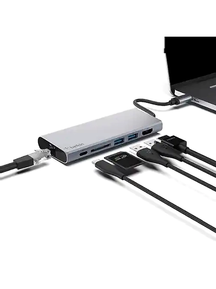 Belkin USB C 6 in 1 Hub Adapter with 60W Power Delivery, 5 Gbps Transfer Speed, Ethernet Port, 4K Hdmi, USB C, Sd Card and 2 USB A 3.0 &amp; 2.0 Data Ports, for MacBook/Ipad and More Gray-GV-XV5A-K9A9