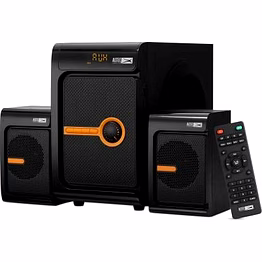 altec lansing al-3003a. this 2.1 channel system pumps out 50 watts of power for crisp sound and powerful bass from the wired subwoofer.