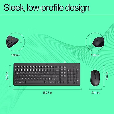 hp 150 wired keyboard and mouse combo with instant usb plug-and-play setup, 12 shortcut keys, 6� adjustable slope keyboard and 1600 dpi optical sensor mouse (3-years warranty, 240j7aa)