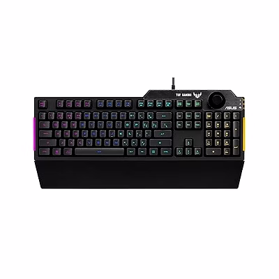 asus membrane usb gaming keyboard for pc - tuf k1 programmable, onboard memory with dedicated volume knob, aura sync rgb and side lighting detachable wrist rest spill-resistant (black)