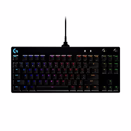 logitech g pro mechanical gaming keyboard in black, featuring an ultra-portable tenkeyless design, detachable micro usb cable, and 16.8 million color lightsync rgb backlit keys.