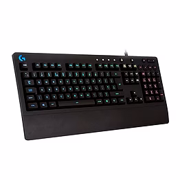 logitech g213 prodigy usb gaming keyboard in black, featuring lightsync rgb backlit keys, spill-resistant design, customizable keys, and dedicated multimedia keys.
