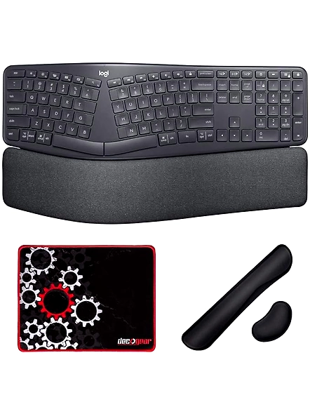 Logitech 920-009166 Ergo K860 Wireless Bluetooth Split Ergonomic Keyboard Bundle with Deco Essentials Gel Memory Foam Wrist Pads and Deco Gear Medium Pro Gaming Mouse Pad-B084QHRL2D