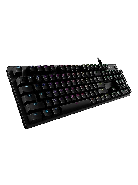 Logitech G512 mechanical keyboard features customizable RGB lighting, tactile switches for precise feedback, a brushed aluminum build, and dedicated media controls - conquer in comfort and style-code642