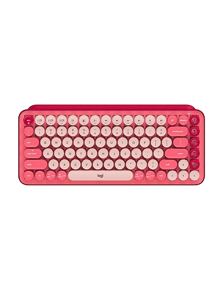 Logitech Pop Keys features customizable emoji keys, mechanical keystrokes, and multi-device wireless connectivity for a playful and expressive setup (Heartbreaker color).-code671